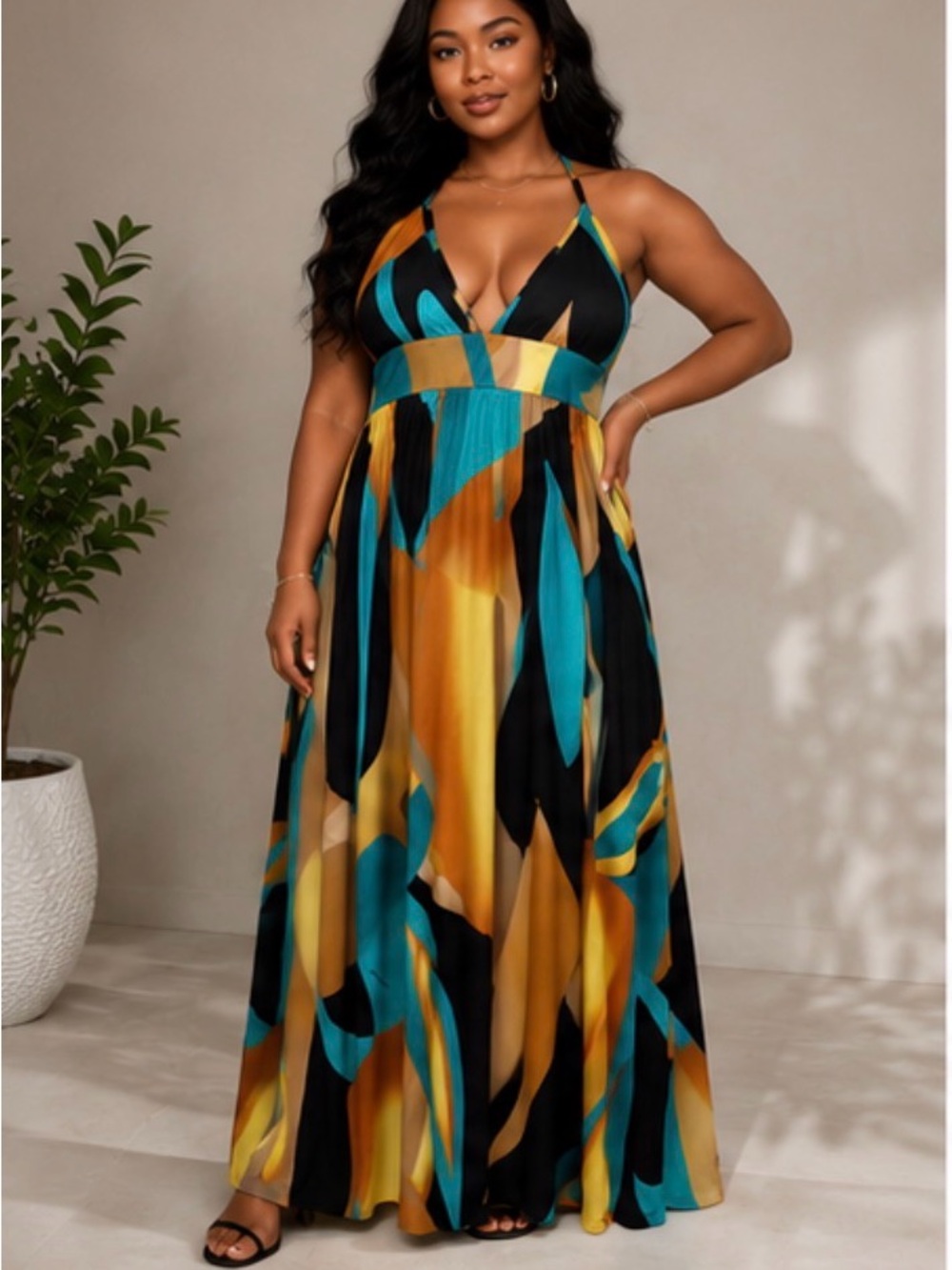 Abstract Print Halter Maxi Dress | Backless Tie Neck Boho Resort Vacation | XL